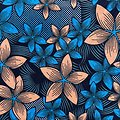 Tissu - Wax 100% coton - Fleurs - Bleu / Saumon / Noir