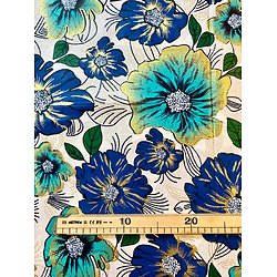 Tissu - Wax 100% coton - Fleurs - Bleu / Turquoise / Blanc