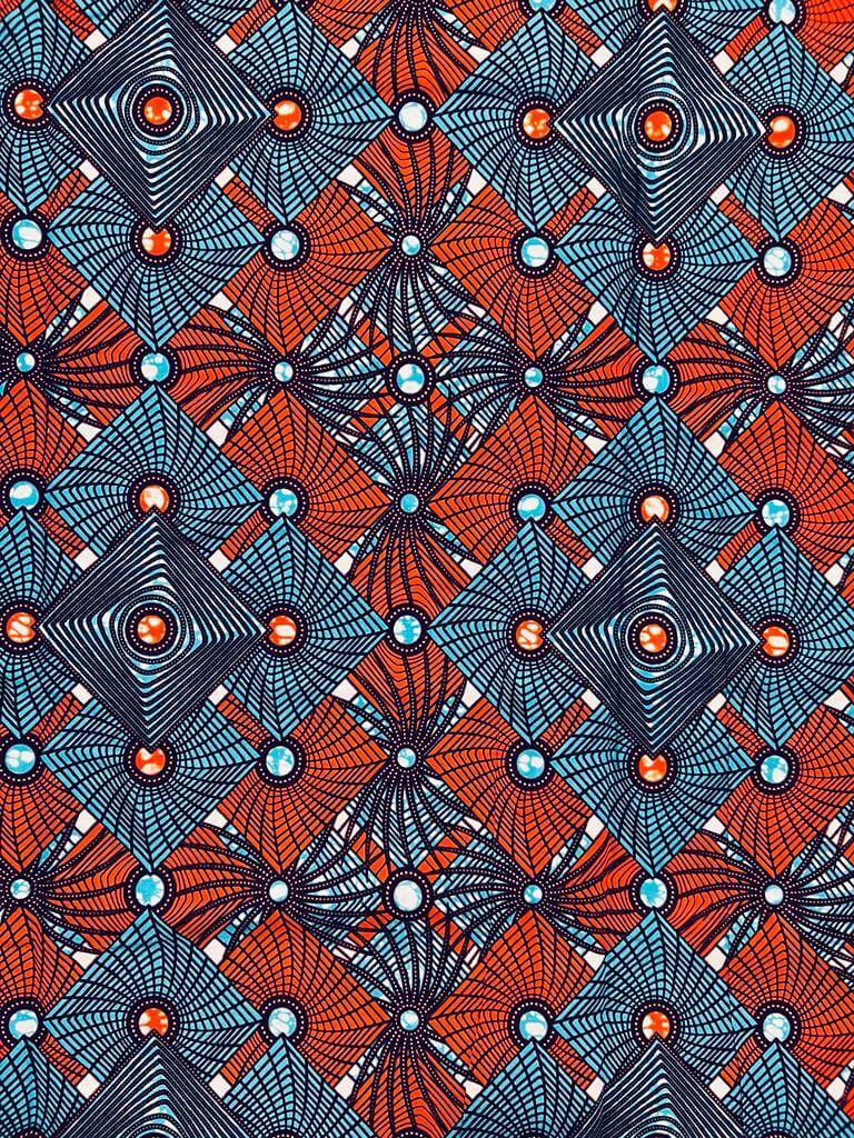 Tissu - Wax 100% coton - Graphiques - Orange / Bleu / Marron