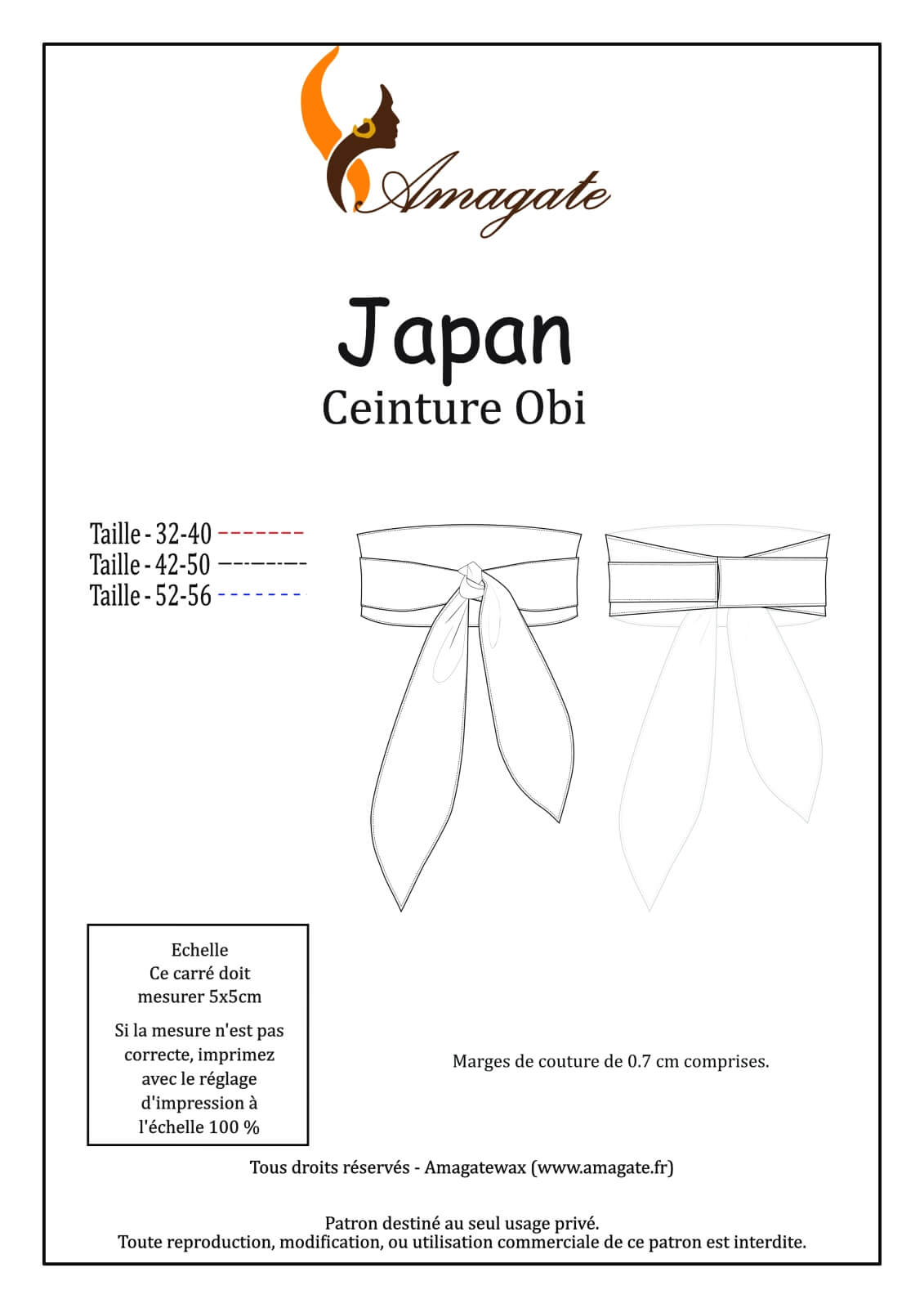 Japan - Ceinture Obi - Taille 32 à 56 - PDF