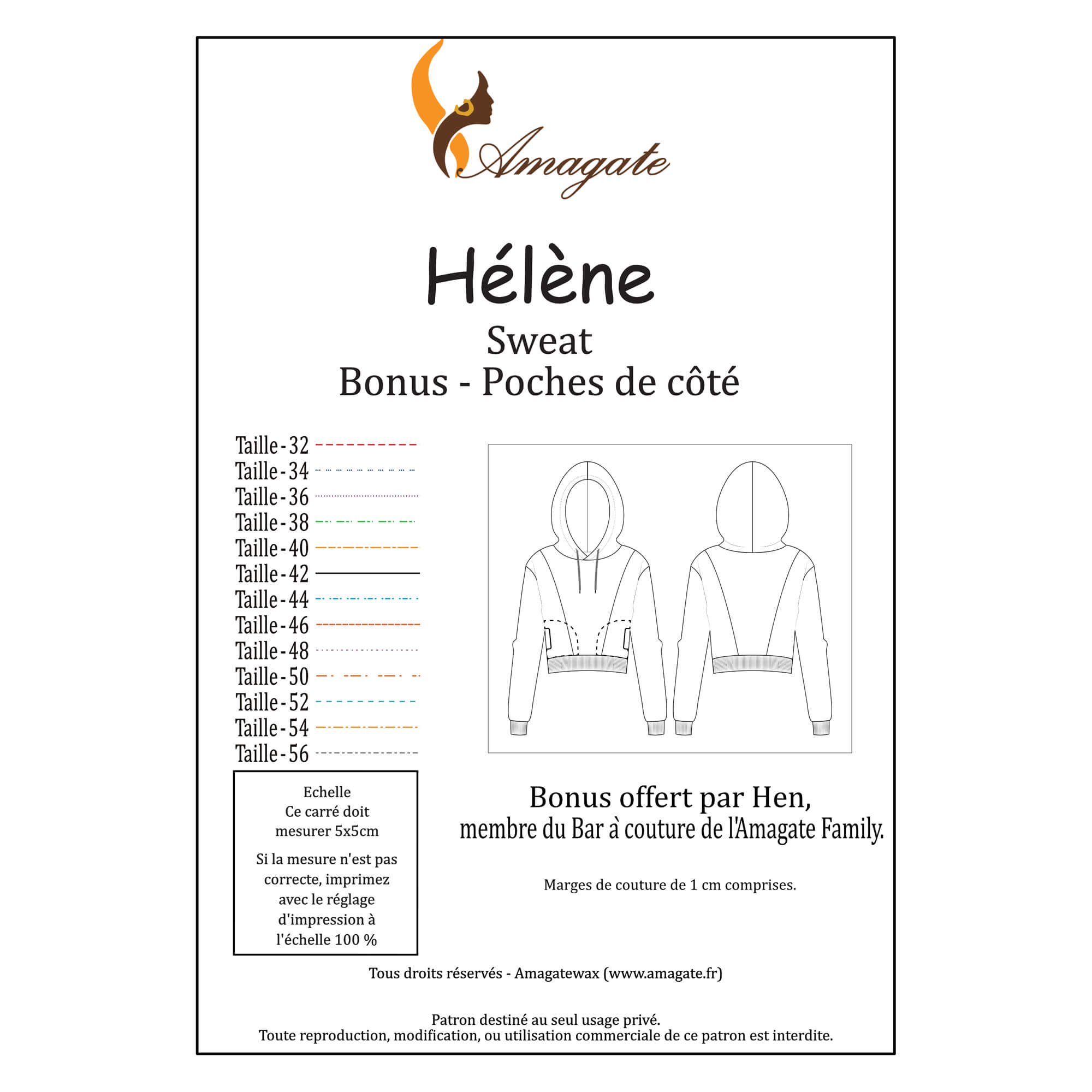 Hélène - Sweat - Taille 32 à 56 - Bonus - Poches de côté - PDF
