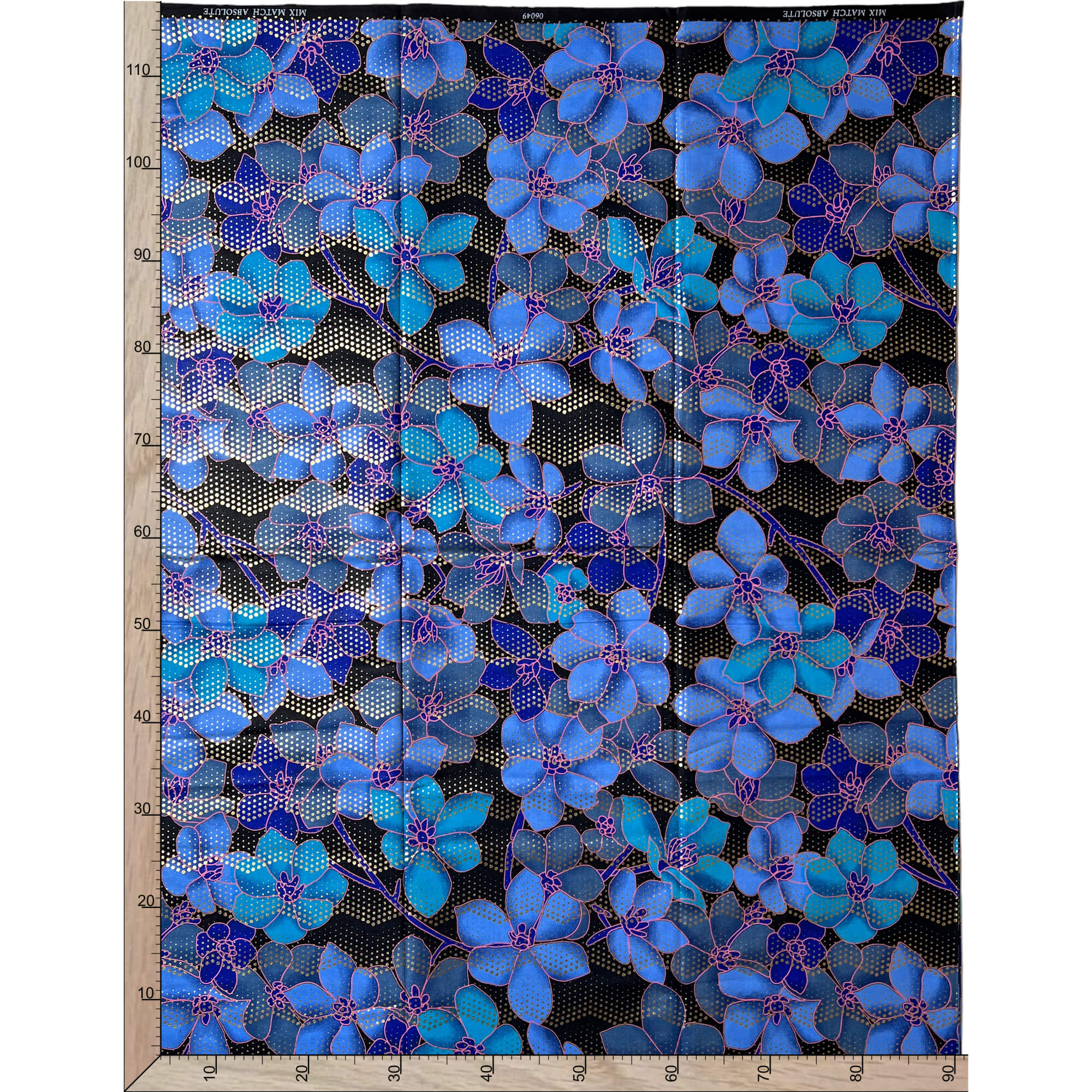 Tissu - Wax 100% coton - Fleurs - Bleu / Turquoise / Doré