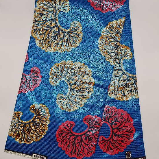 Coupon de tissu - Wax 100% coton - Graphiques - Bleu / Rouge / Ocre - Brillant Bleu