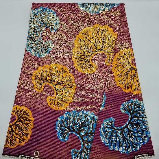 Coupon de tissu - Wax 100% coton - Graphiques - Rose / Bleu / Orange - Brillant Doré