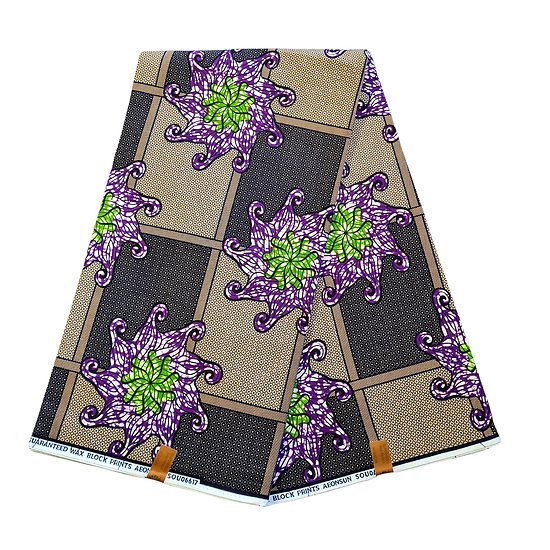 Coupon de tissu - Wax 100% coton - Fleurs - Violet / Vert / Brun