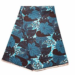 Coupon de tissu - Wax 100% coton - Feuilles - Bleu / Marron / Noir