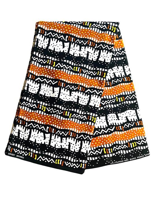 Coupon de tissu - Wax 100% coton - Graphiques - Orange / Jaune / Noir