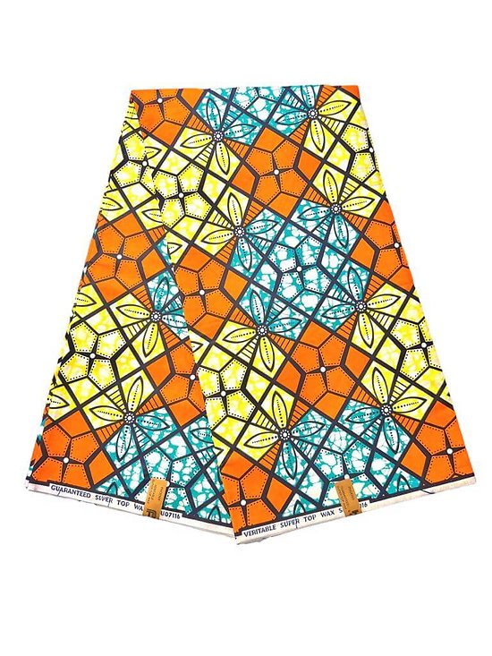 Coupon de tissu - Wax 100% coton - Graphiques - Bleu / Jaune / Orange