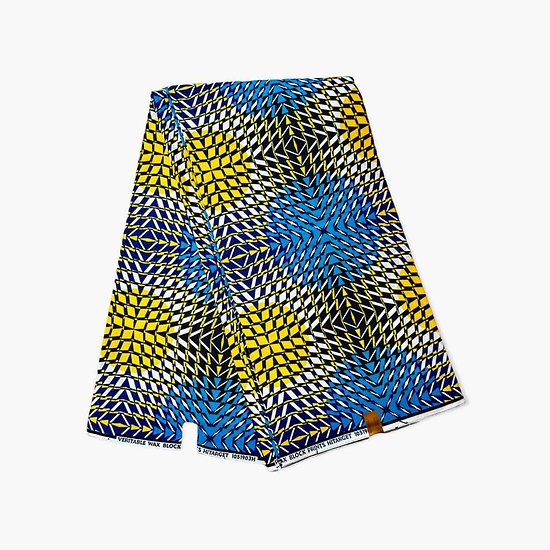 Coupon de tissu - Wax 100% coton - Géométriques - Bleu / Jaune / Blanc