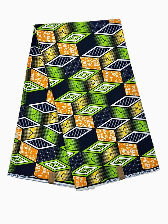 Coupon de tissu - Wax 100% coton - Graphiques - Vert / Orange / Noir
