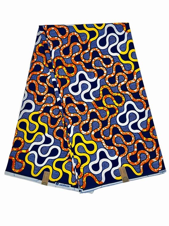 Coupon de tissu - Wax 100% coton - Graphiques - Orange / Jaune / Bleu