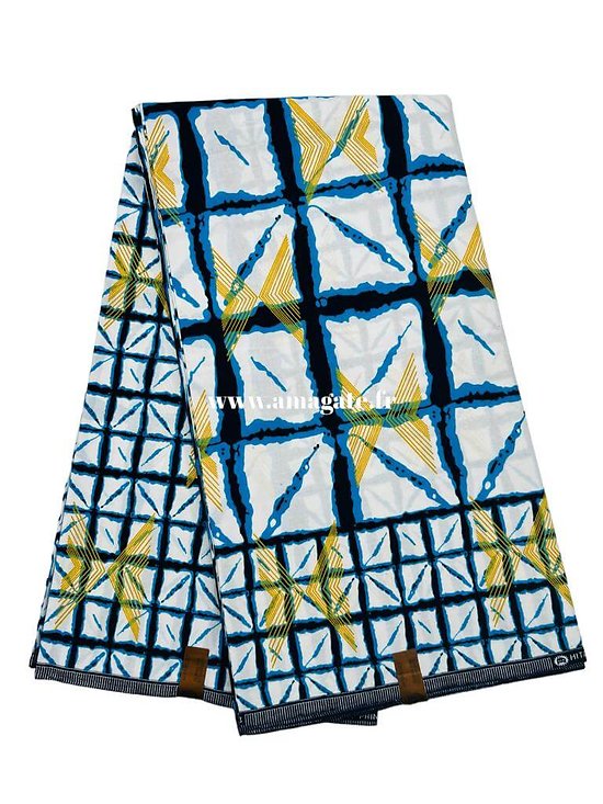 Coupon de tissu - Wax 100% coton - Graphiques - Bleu / Jaune / Blanc