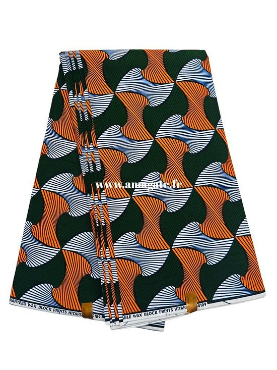 Coupon de tissu - Wax 100% coton - Graphiques - Orange / Vert / Noir