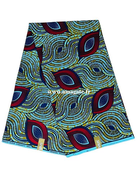 Coupon de tissu - Wax 100% coton - Roméo - Bleu pastel / Jaune ambré / Rouge