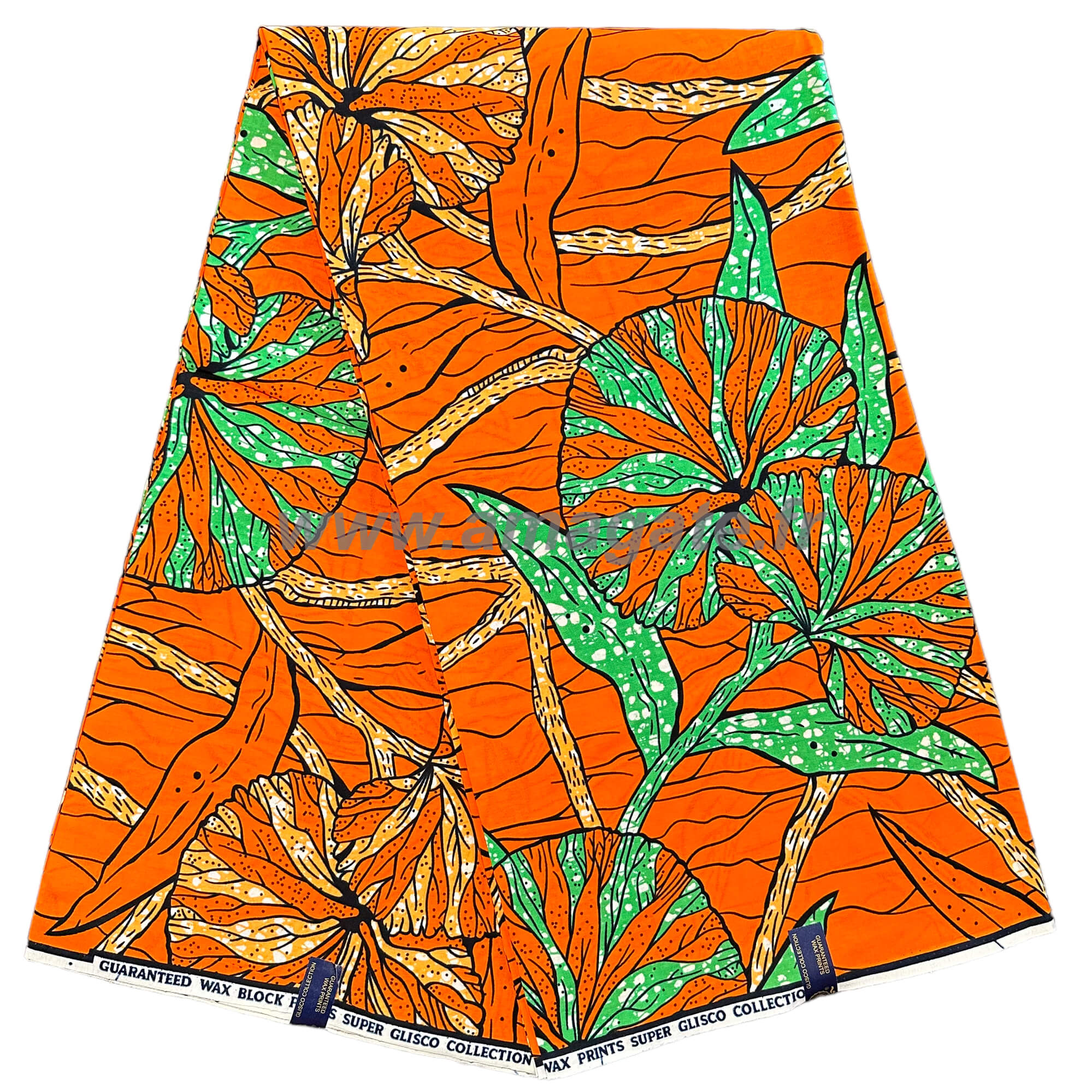 Tissu - Wax 100% coton - Fleurs - Vert / Orange / Noir