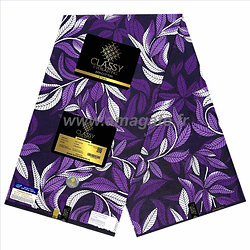 Tissu - Wax 100% coton - Feuilles - Violet / Noir / Blanc