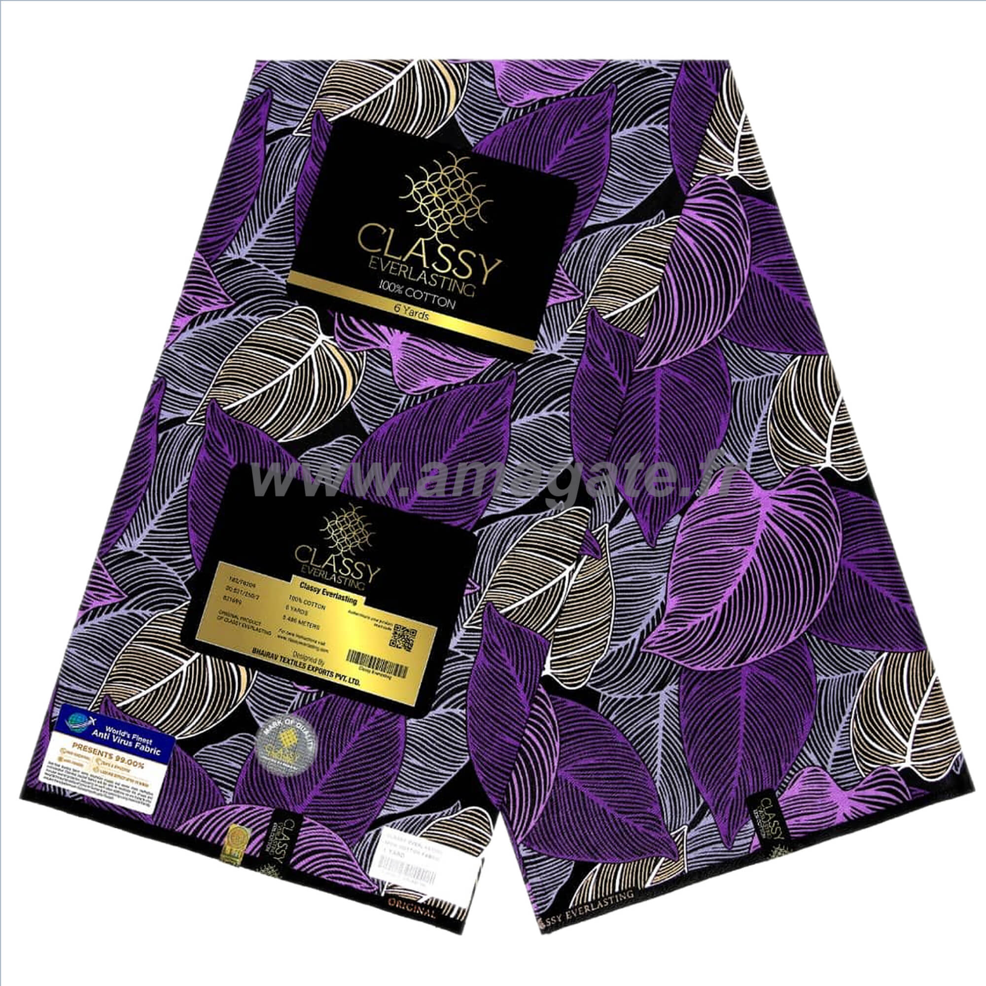 Tissu - Wax 100% coton - Feuilles - Violet / Rose / Brun