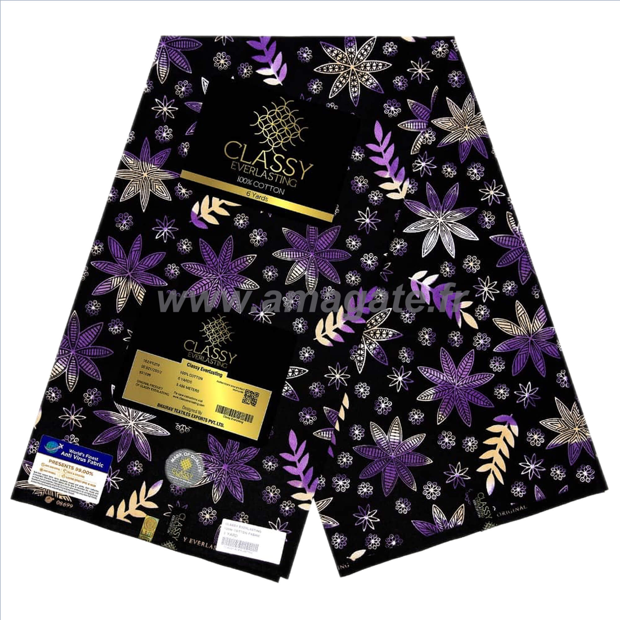 Tissu - Wax 100% coton - Fleurs - Violet / Blanc / Noir