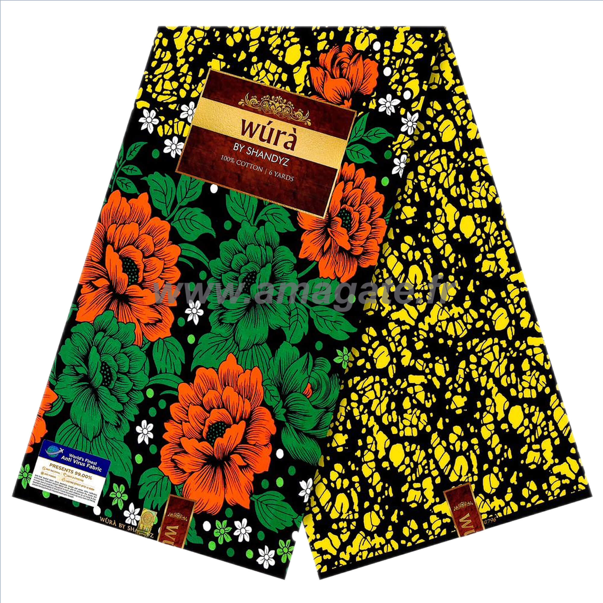 Tissu - Wax 100% coton - Fleurs - Orange / Vert / Jaune