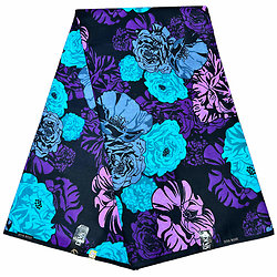 Tissu - Wax 100% coton - Fleurs - Turquoise / Viloet / Rose