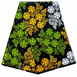 Tissu - Wax 100% coton - Fleurs - Vert / Jaune orangé / Noir
