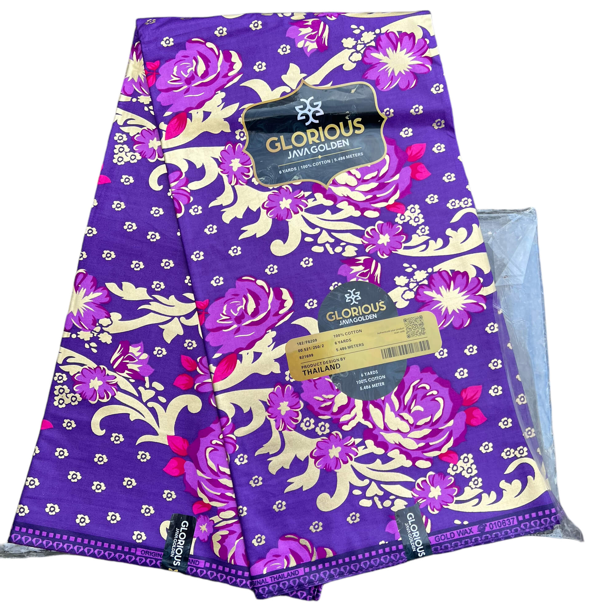 Tissu - Wax 100% coton - Fleurs - Violet / Rose / Doré