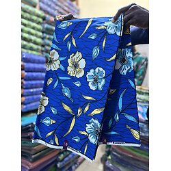 Tissu - Wax 100% coton - Fleurs - Bleu / Jaune / Azur
