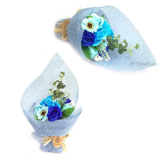 Bouquet de fleurs en savon Bleu avec Roses et Oeillets pour bain