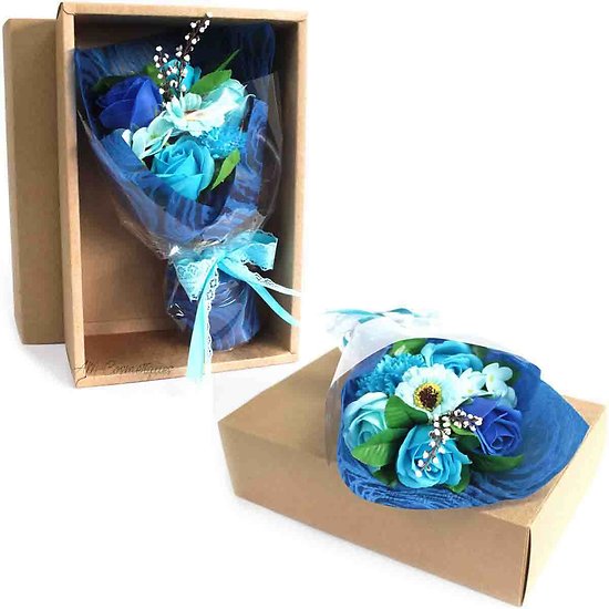 Bouquet Bleu avec fleurs en savon dans sa boite bain romantique