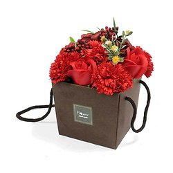 Bouquet fleurs en savon Rouge avec roses et oeillets sac cadeau