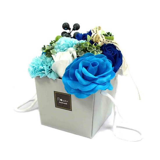 Bouquet fleurs savon Mariage Bleu avec roses et oeillets cadeau