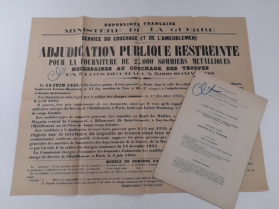 affiche et cahier des charges lits casernement France 1940