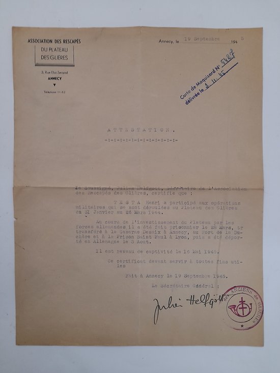 Attestation résistance plateau des Glières 1944