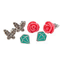 Lot de 3 Boucles d'Oreilles enfant Diamant Vert, Rose Rose et Papillon