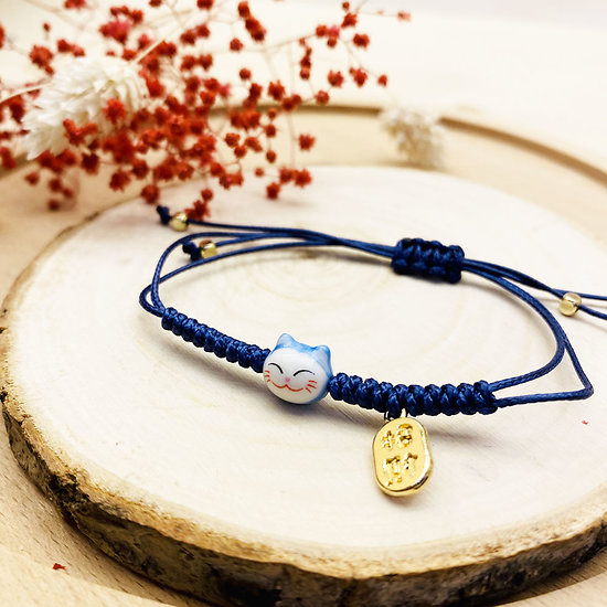 Bracelet porte bonheur japonais Chat Maneki Neko - Bleu