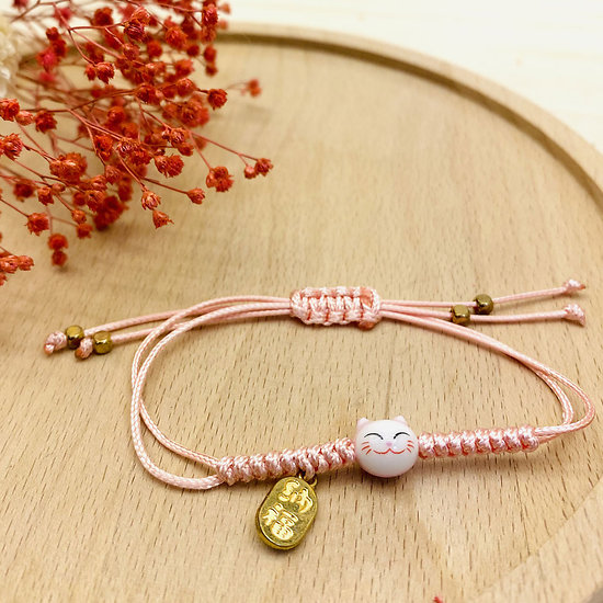 Bracelet porte bonheur japonais Chat Maneki Neko - Rose