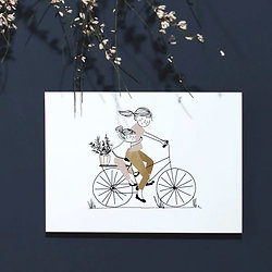 Carte Postale double Mère et Fille à vélo