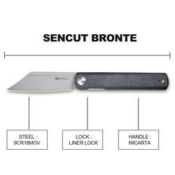 SA08A SENCUT Bronte Black Micarta Handle Stonewashed 9Cr18MoV Blade IKBS Linerlock Clip