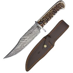 BNB123213  BucknBear Kings Stag Bowie Damascus Blade 256 Layers Stag Handle Leather Sheath