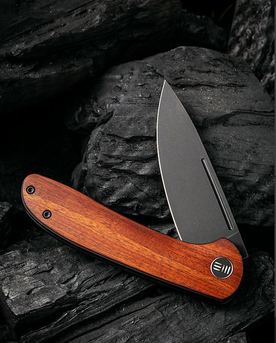 WE20020C3 We Knife Company Saakshi Wood CPM-20CV Blackwash Blade Cuibourtia Handles IKBS Linerlock Clip