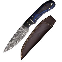 BNB142107B BuckNBear Utility Hunter Damascus Blade 256 Layers Blue Wood Handle Leather Sheath