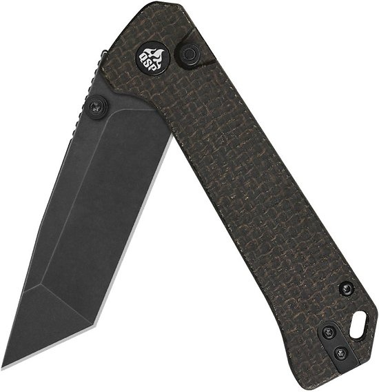 QS148A2 QSP Knife Grebe Dark Brown Micarta Handle 14C28N Tanto Blade Ikbs Button Lock Clip
