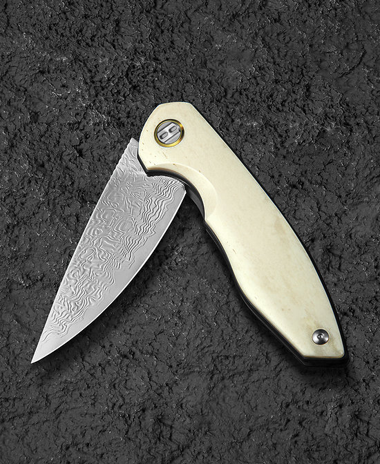 BTKL08C Bestech Knives Bambi Polished Damascus Drop Point Blade Ox Bone Handles Linerlock Leather Sheath