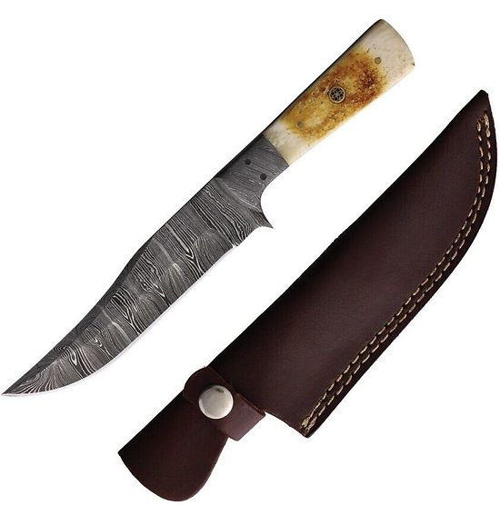 FHK1352  FH Knives Damascus 256 Layers Blade Bone & Damascus Handle Leather Sheath