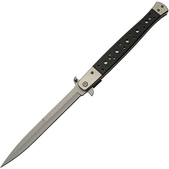 CN300540SL Long Stiletto Linerlock Silver Stainless Blade Black G10 Handle Clip