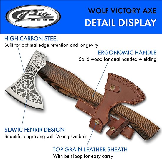 PA882458 Burnt Ash Wood Handle Nordic Fenrir Viking Axe Stainless Blade Wood Handle Leather Sheath