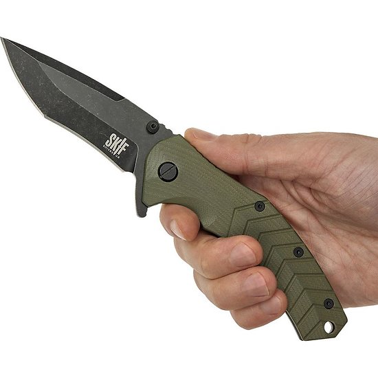 SKF422SEBG SKIF Knives Griffin Olive G10 Handle 9Cr18MoV BLK Tanto Blade IKBS Framelock Clip