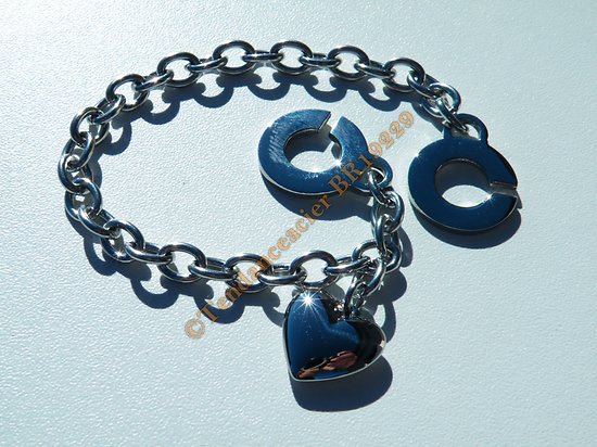 Bracelet 20 cm Pur Acier Inoxydable Fermoir C Original Coeur Breloque Love Argenté