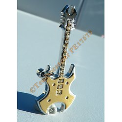 Pendentif Guitare Musique Acier Inoxydable Argenté et Plaqué Or Hard Rock 16 Zirconias Strass 58 mm