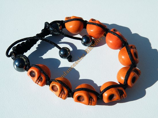 Bracelet Hématite Tibetain Shamballa Ajustable 9 Skull Tetes de Mort Orange Yin Yang Zen